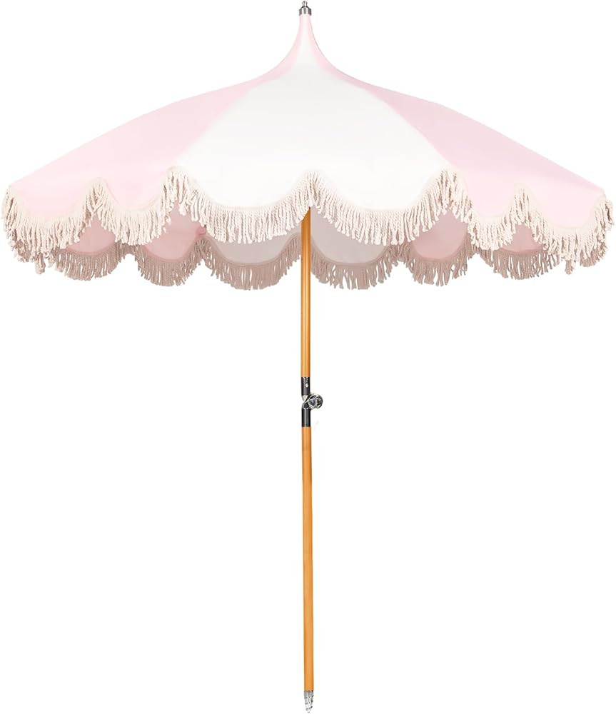 6.5ft Pagoda Beach Umbrella with Fringe, UPF 50+ Boho Umbrellas with Carry Bag, Premium Wood Pole... | Amazon (US)