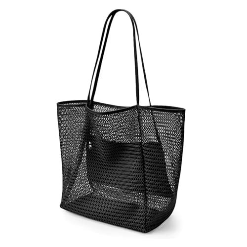 YINWANBB Beach Bags for Women,Mesh Tote Bag with Large Inner Pocket, Sandproof Shoulder Handbag for Beach and Pool (Black) | Amazon (US)