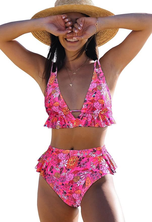SPORLIKE Women High Waisted Swimsuit Ruffle V Neck Bikini Two Pieces Swimwear | Amazon (US)