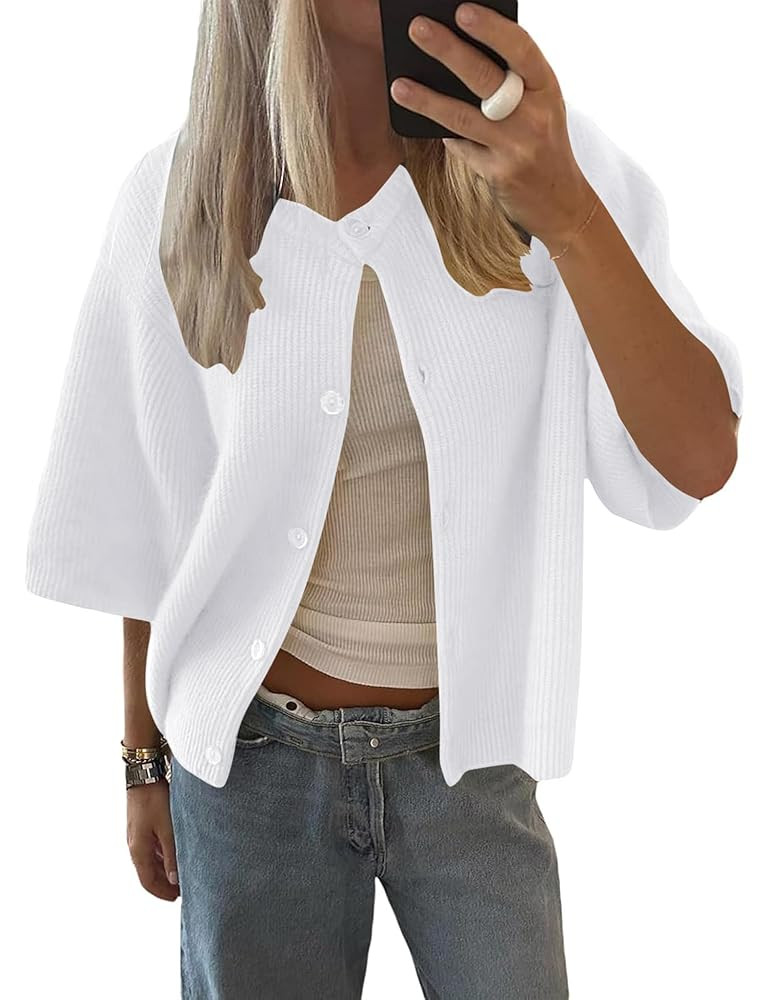 LOMON Womens Spring Summer Short Sleeve Cardigan Sweaters Trendy Crew Neck Button Down Lightweigh... | Amazon (US)