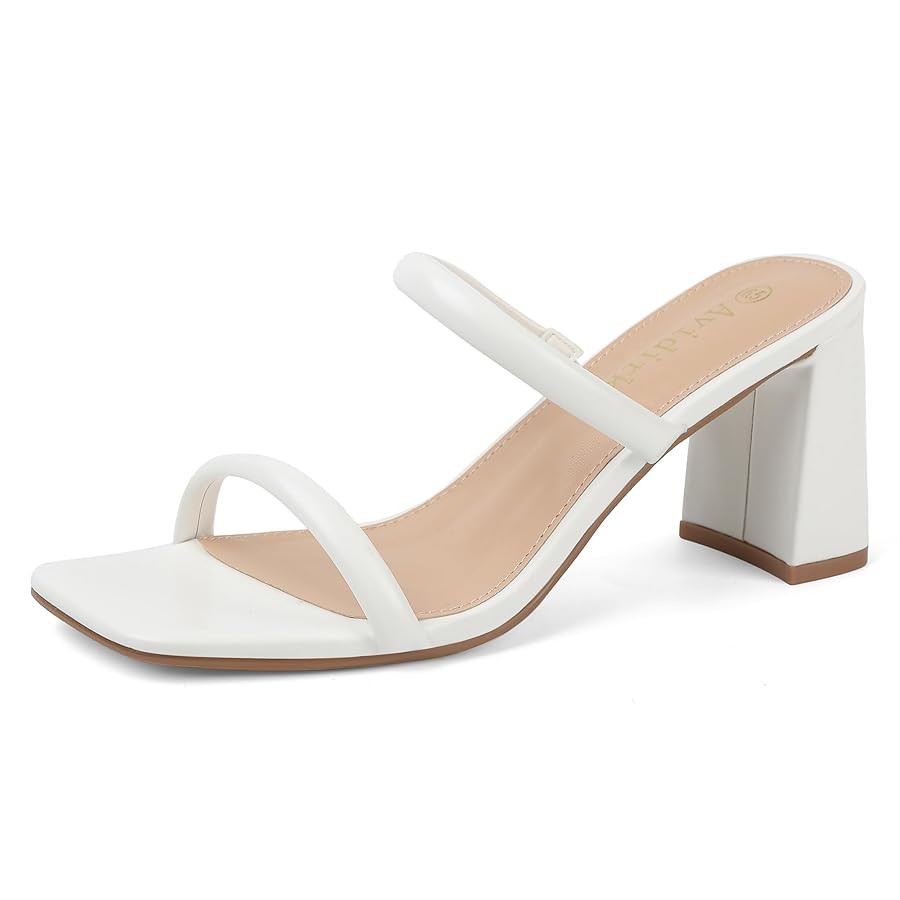 Women's Square Open Toe Heeled Sandals Two Strap Mules Slip On Block Chunky Mid Heels Sandals | Amazon (US)