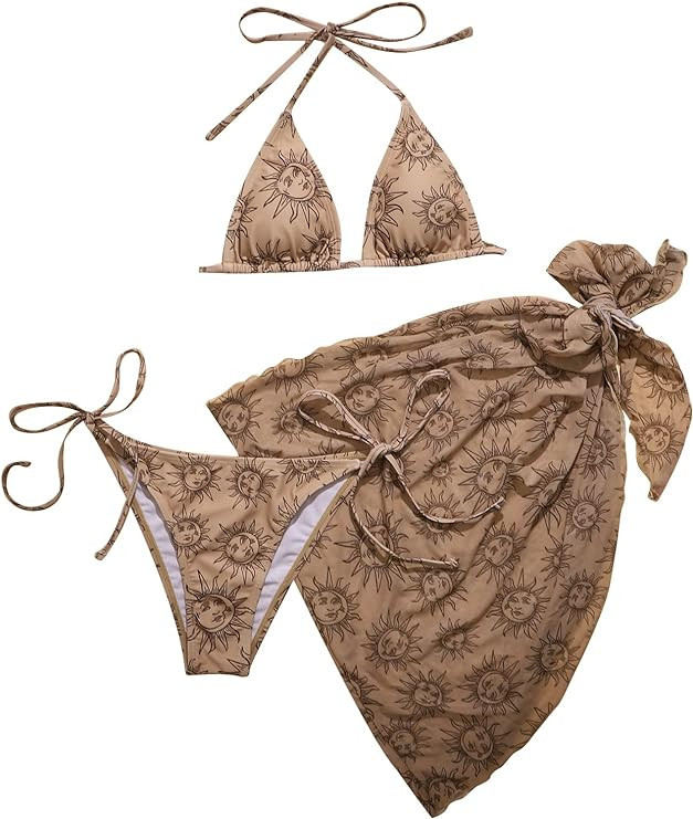 SOLY HUX Women's 3 Piece Swimsuits Print Halter Triangle Tie Side Bikini Bathing Suit with Cover ... | Amazon (US)