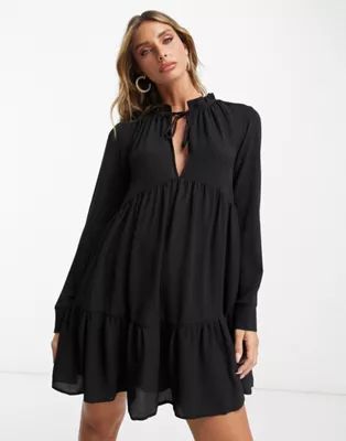 ASOS DESIGN pie crust neckline tiered smock mini dress in black | ASOS (Global)