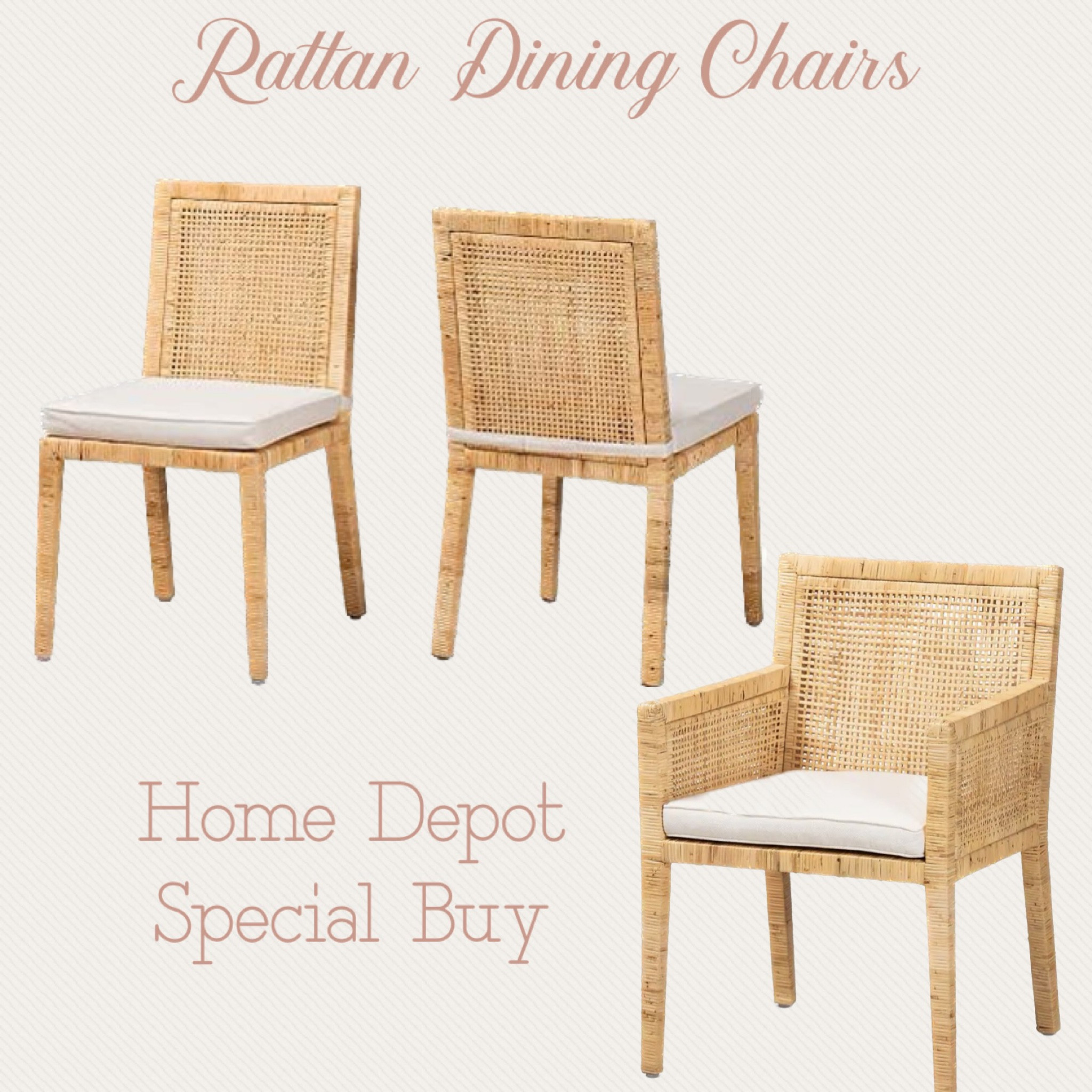 Rattan Dining Chairs! Special Buy in set of two side chairs & armchair. Set is selling for almost $100 more right now on Amazon. 

Rattan dining chairs, rattan armchair, armchair, woven dining chair, Home Depot, Amazon woven chair, dining room refresh, dining room chairs, dining room decor, arm chair, affordable home decor, budget home decor, affordable decor, look for less

#LTKhome #LTKFind #LTKsalealert