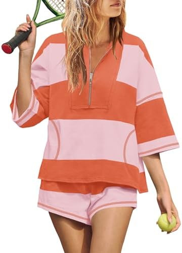 Yanekop Womens 2 Piece Outfits Summer Striped Lounge Set Two Piece Matching Workout Sets Oversize... | Amazon (US)