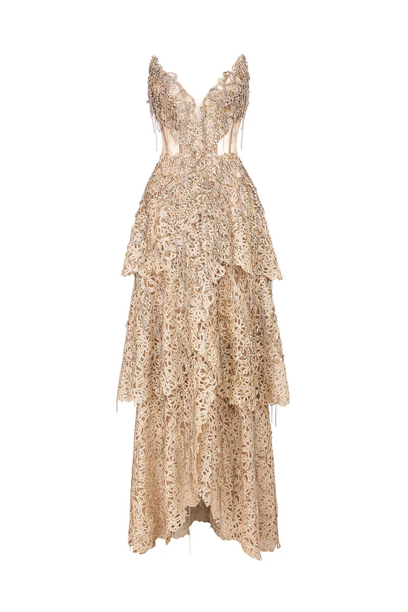 DEEP GOLD VNECK CORSET DRESS WITH METALLIC BEAD EMBROIDERY AND PLAYFUL FRINGES | Phan Huy | CULT ... | CULT MIA UK LTD