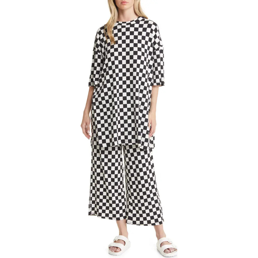 Dressed in Lala Lex Ribbed Oversize T-Shirt & High Waist Crop Pants Set in Black /White Check at Nordstrom, Size Large | Nordstrom