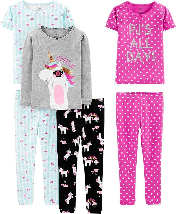 Simple Joys by Carter's Girls' 6-Piece Snug-Fit Cotton Pajama Set, Pack of 3, Black Unicorn/Blue ... | Amazon (US)