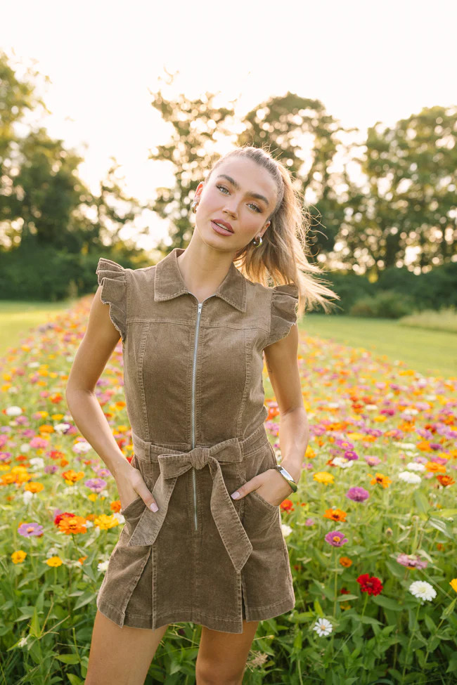 Amelie Brown Corduroy Ruffle Sleeve Romper | Pink Lily