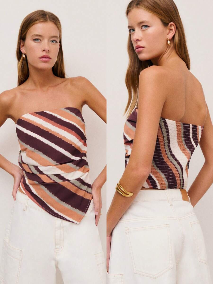 Nöista Earth-Tone Striped Bandeau Top With Smocked Back. Summer, Fall, Resort, Beach Club, Party... | SHEIN