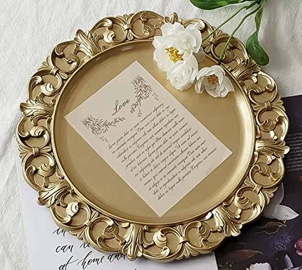 Tray Decor Round Gold Tray Decorative Gold Perfume Tray 13 Inches with Vintage Floral Edging Desi... | Amazon (US)