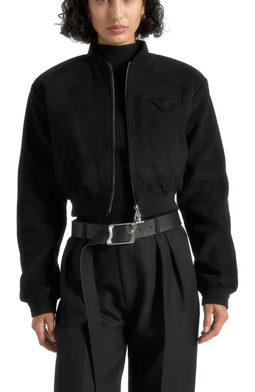 Manière De Voir Monique Suede Wide Shoulder Bomber Jacket in Black at Nordstrom, Size 12 | Nordstrom