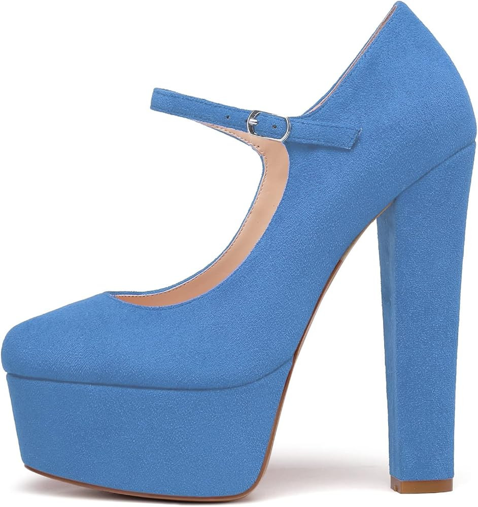 Eldof Women's Round Toe Platform Pumps Block Chunky High Heel Pumps Mary Jane Closed Toe Sexy Par... | Amazon (US)