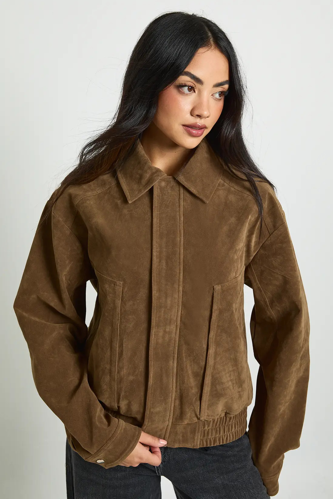 Brown boohoo Collar Detail Faux Suede Bomber Jacket | Debenhams | Debenhams UK