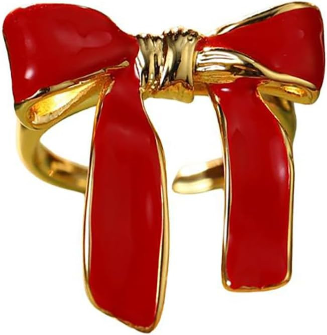 Red Bow Knot Statement Open Ring for Women - Gold Plated Enamel Ribbon Bowknot Adjustable Rings W... | Amazon (US)