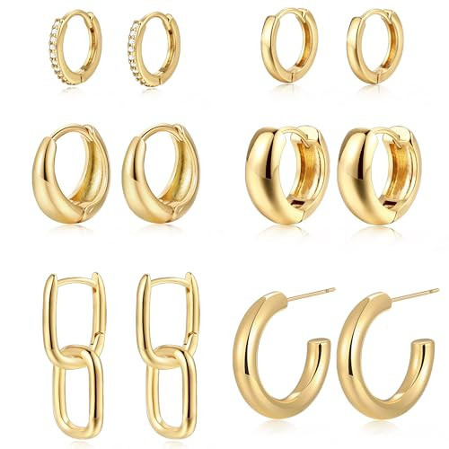9 Pairs Small Gold/Silver Hoop Huggie Earrings Set for Women, 14K Gold Plated Chunky Hoop Small Earring Hypoallergenic Thick Open Lightweight Chunky Hoop Earrings Jewelry for Gifts (Gold-6-02) | Amazon (US)