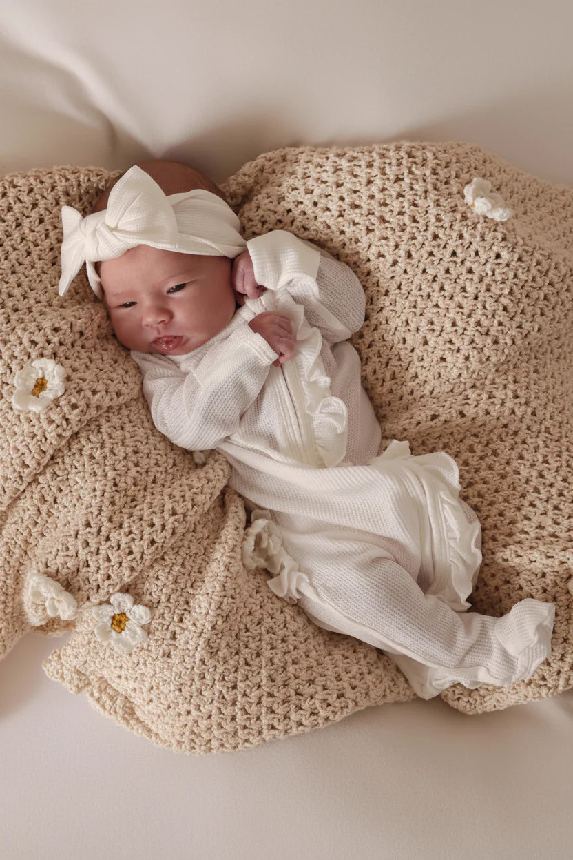 Cloud White Waffle Bamboo Zipper Ruffle Footie | Caden Lane