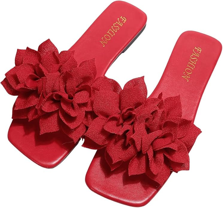 GORGLITTER Women's Flower Flat Sandals Floral Slip on Dressy Cute Vacation Slides Sandal 2025 | Amazon (US)