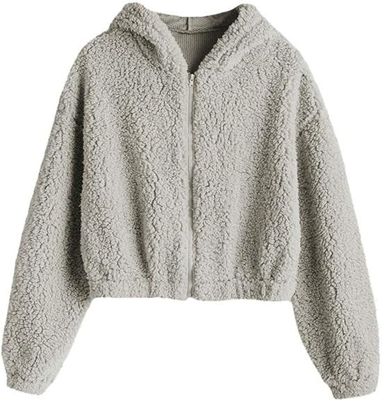 ZAFUL Women's Zip Up Faux Shearling Fluffy Hooded Cropped Teddy Jacket Coat | Amazon (US)