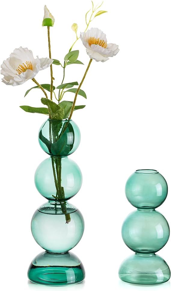 Glass Bubble Vases for Flowers, Hewory 2pcs Green Unique Cute Single Flower Vase for Centerpieces... | Amazon (US)