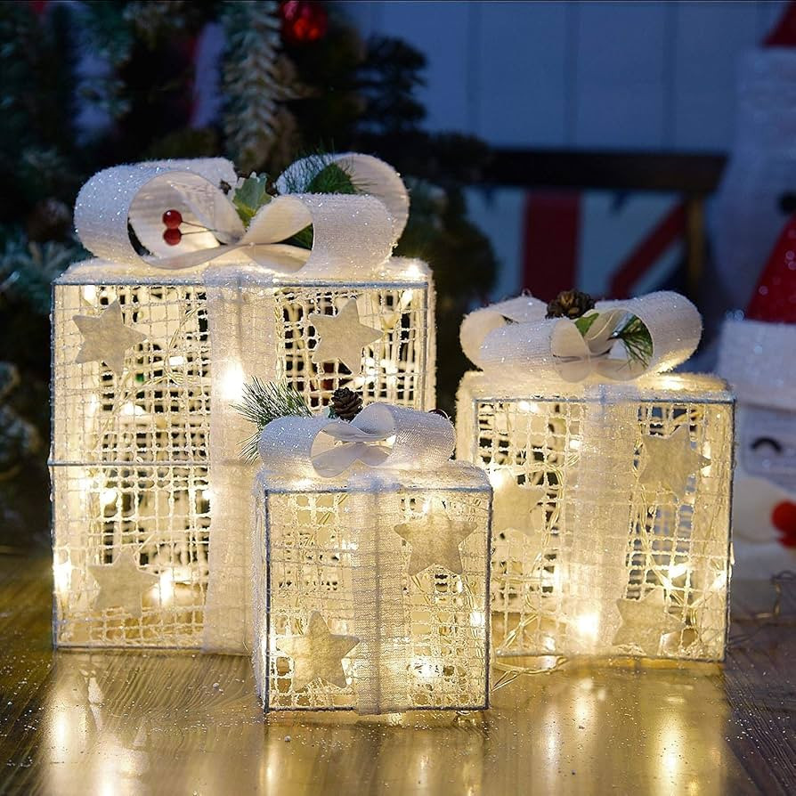 KPROE Set of 3 Christmas Lighted White Silver Gift Boxes Decor Yard Home | Amazon (US)