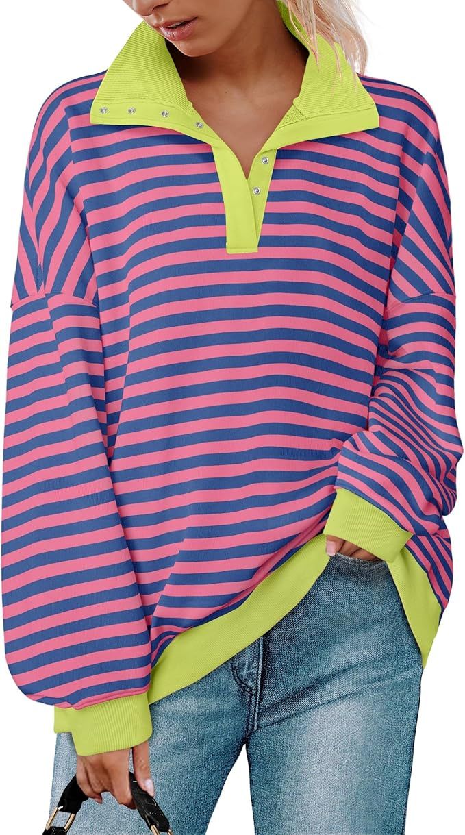 ZESICA Sweatshirts for Womens Long Sleeve Lapel V Neck Striped Oversized Tops | Amazon (US)