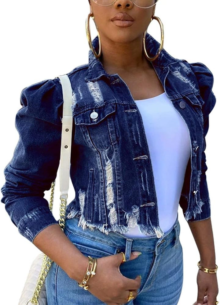 ThusFar Women Denim Distressed Jacket Puff Sleeve Ripped Pockets Vintage Washed Classic Button Up... | Amazon (US)