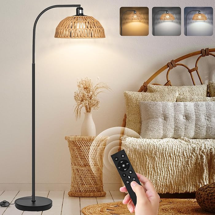 Rattan Floor Lamp- Boho Standing Lamp with Remote Control and Dimmable Bulb, Hand-Worked Adjustab... | Amazon (US)