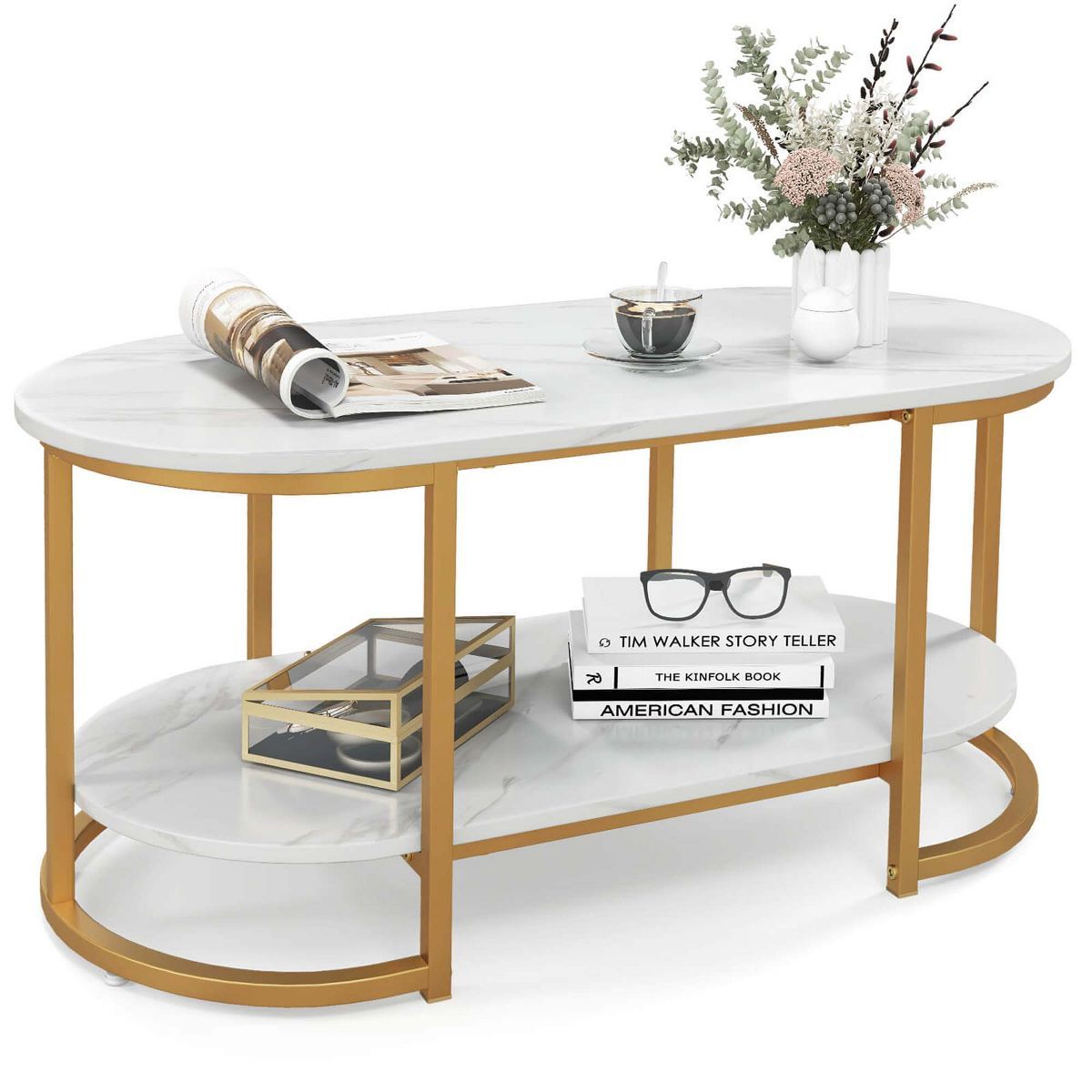 Costway White Marble Coffee Table  Modern 2-Tier Center Table with Open Storage Shelf | Target
