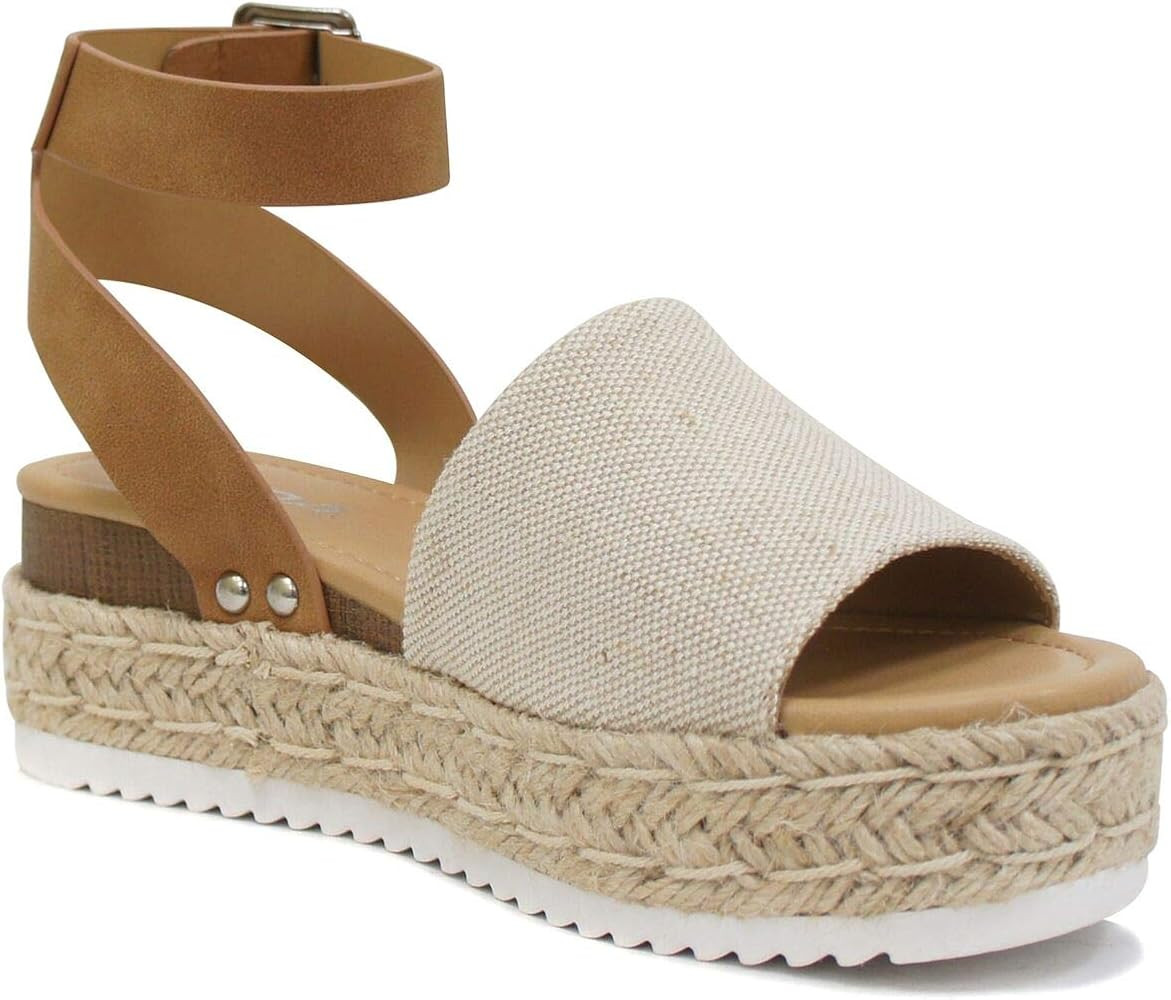 Soda Topic Open Toe Buckle Ankle Strap Espadrilles Flatform Wedge Casual Sandal | Amazon (US)