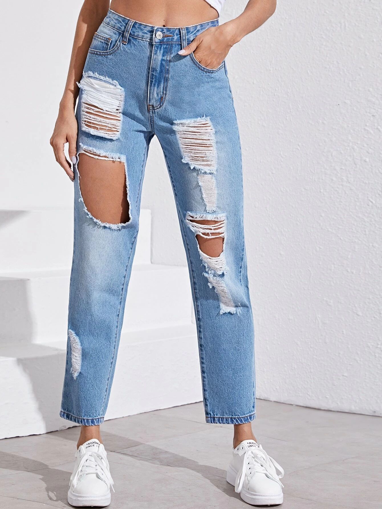 Stonewash Distressed Mom Jeans | SHEIN