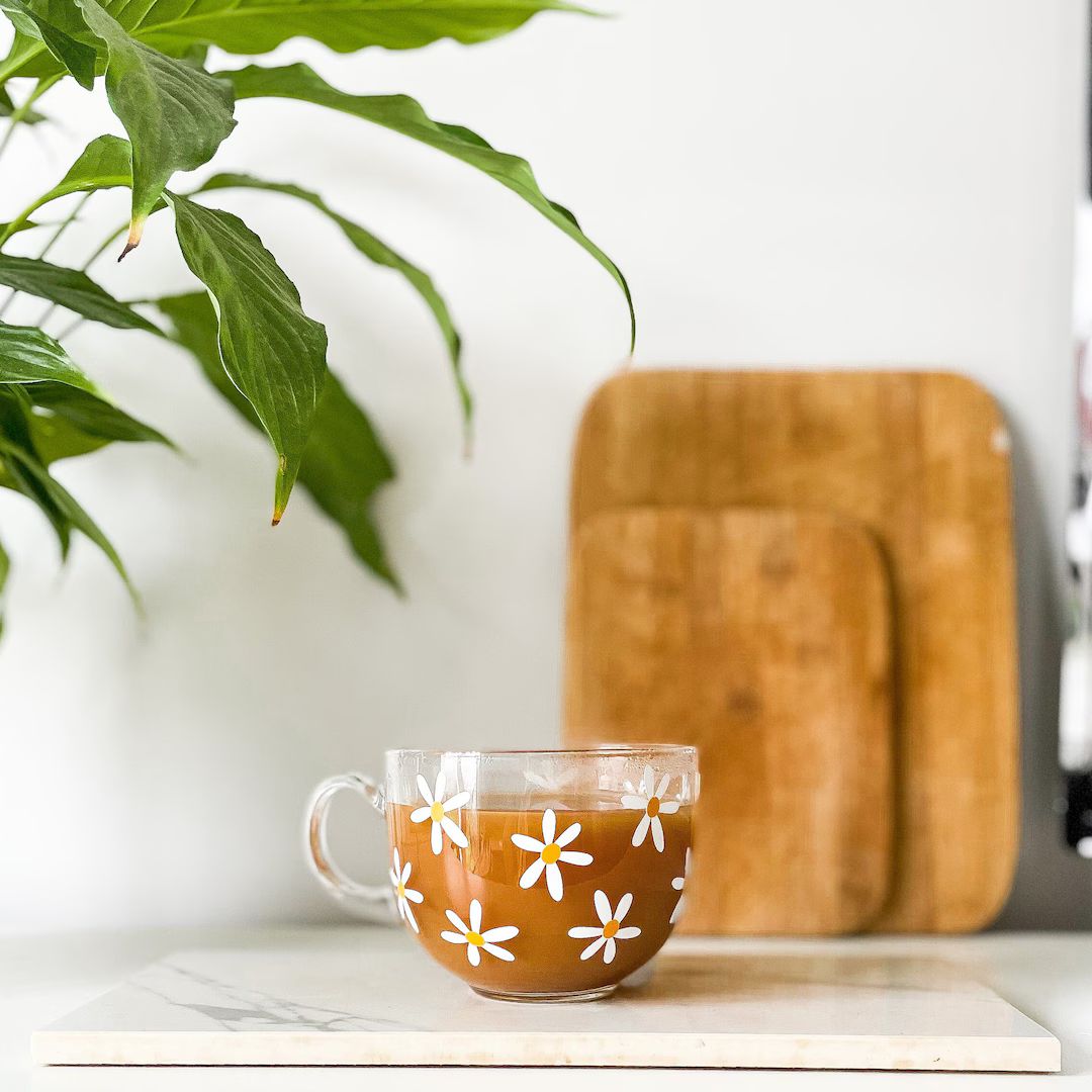 Daisy Retro Flower Glass Coffee Mug, Large Glass Tea Cup. Gift, Cute, Jumbo Mug. | Etsy (US)