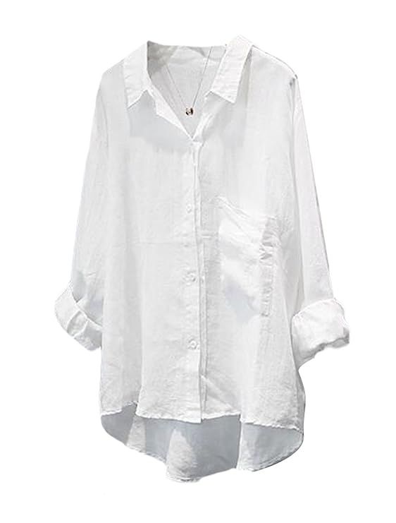 Minibee Women's Casual Cotton Linen Blouse High Low Shirt Long Sleeve Tops | Amazon (US)