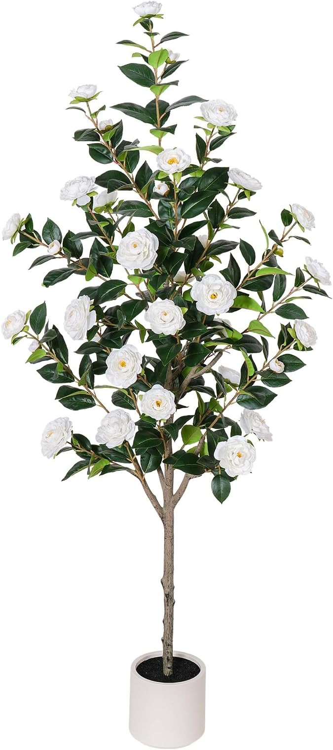 Yepdin 63 inch Artificial Camellia Tree with White Flower Pots - White Fake Tree,5 Ft Faux Plants... | Amazon (US)