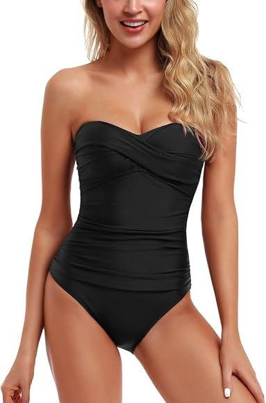 Hilor Women's Bandeau One Piece Swimsuits Front Twist Swimwear Strapless Ruched Bathing Suits Tum... | Amazon (US)