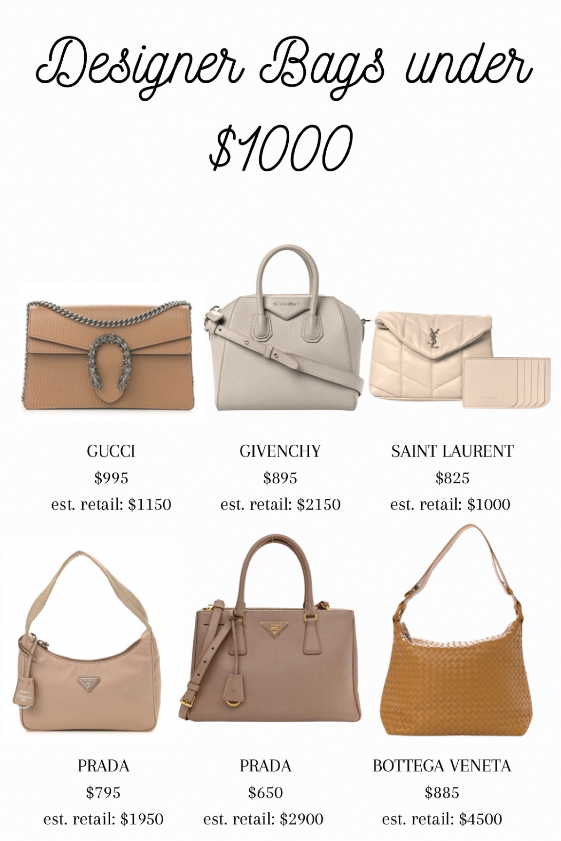 FASHIONFILE FINDS! Nude and neutral designer pre-loved bags for under $1000. Brands featured include Gucci, Givenchy, Burberry, Prada, YSL, and Bottega 

#LTKHoliday #LTKGiftGuide #LTKitbag