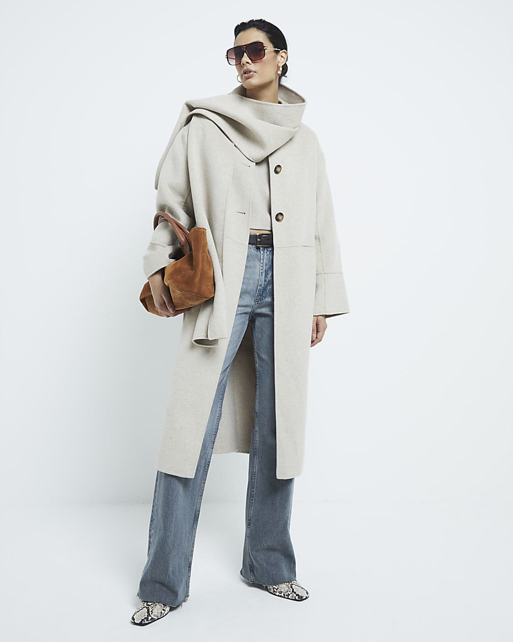 Beige Premium Wool Blend Scarf Coat | River Island (UK & IE)