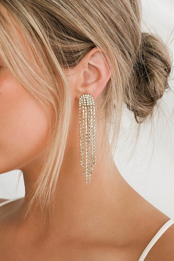 Glitz Gold Rhinestone Tassel Earrings | Lulus
