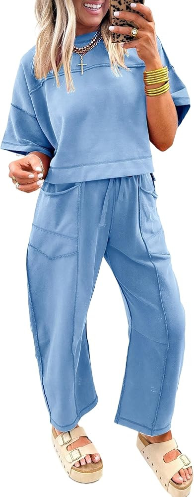 KevaMolly Womens 2 Piece Outfits Casual Lounge Sets Drop Shoulder Boxy Tee and Barrel Pants Set w... | Amazon (US)