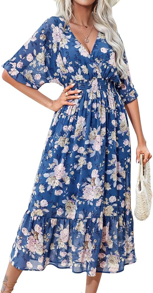 Women's Spring Summer 2024 Floral Midi Dress A Line Chiffon Boho Dress Casual Short Sleeve Long B... | Amazon (US)