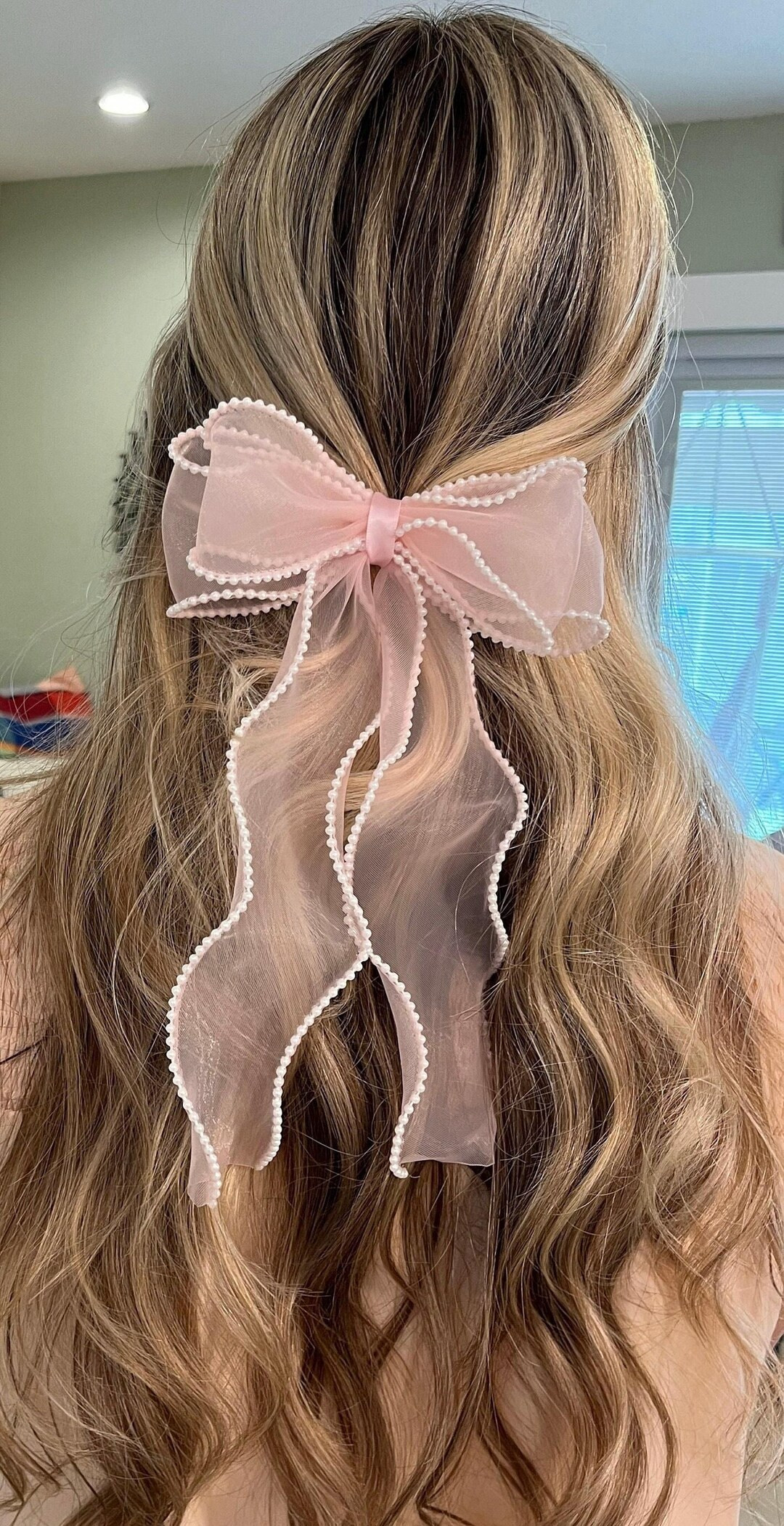 Sheer Light Pink Hair Bow, Pearl Edge Organza Bow, Long Tail Bow Barrette, Coquette Bow Clip, Wom... | Etsy (US)