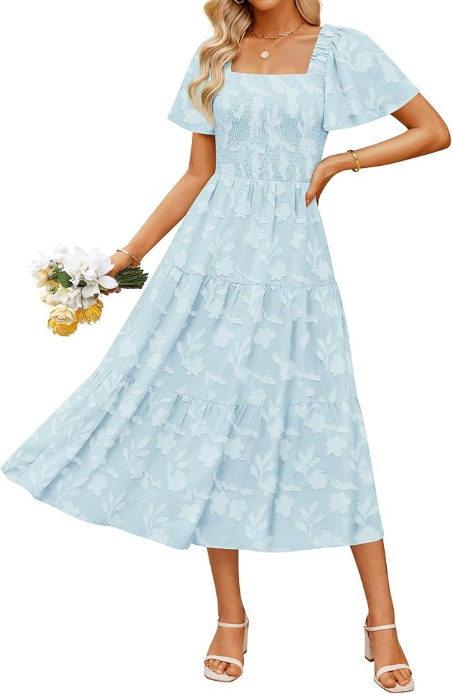 ZESICA Women‘s Summer Boho Floral Midi Dresses 2025 Casual Short Sleeve Square Neck Flowy Beach... | Amazon (US)