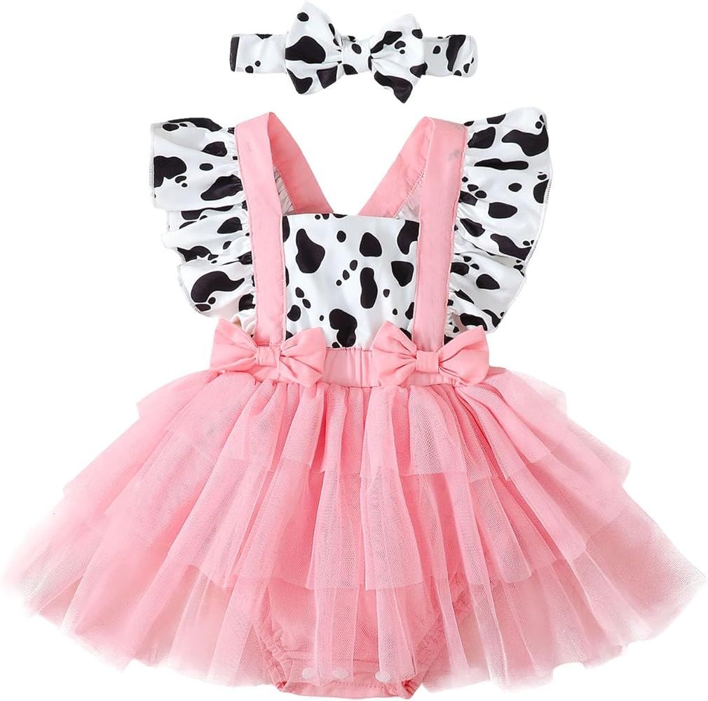 Amiblvowa Newborn Baby Girl Summer Clothes Pink Cow Print Ruffle Tutu Romper Dress Princess Birth... | Amazon (US)