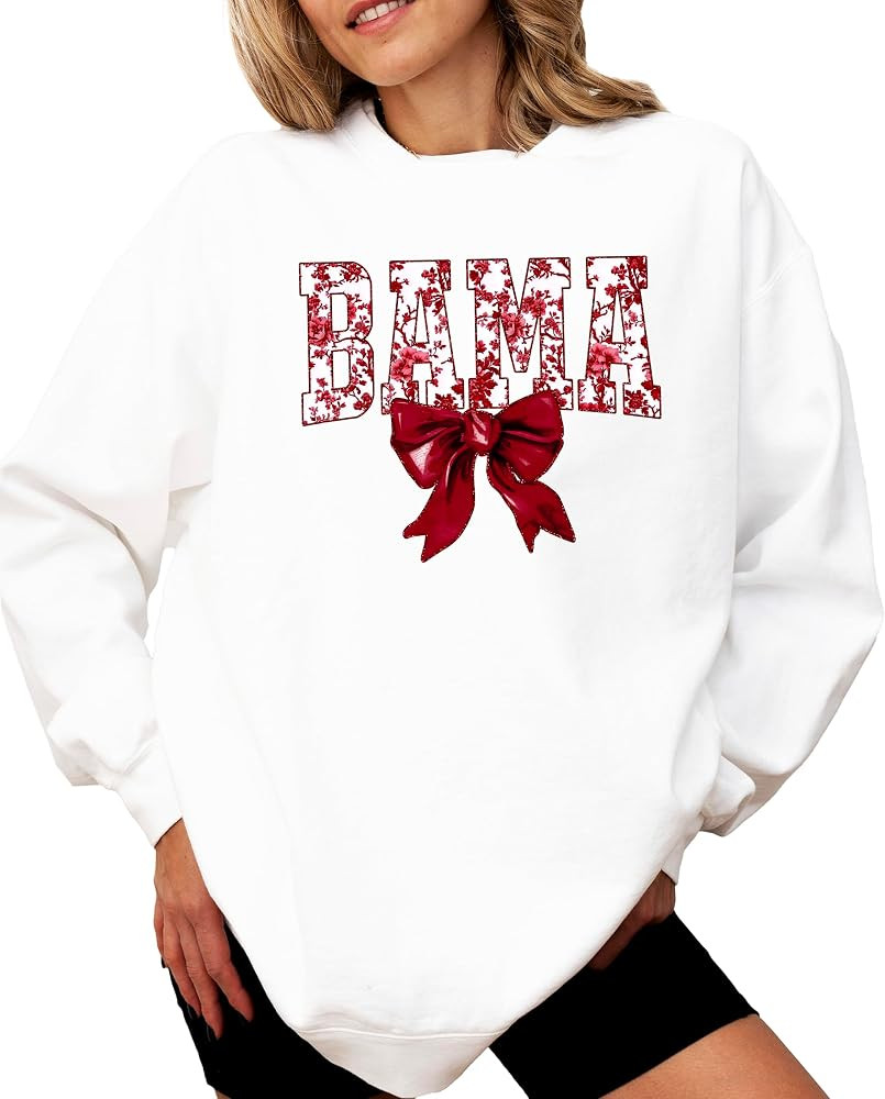 Olive Loves Apple Bama Sweatshirt with Crimson Coquette Bow Alabama School Pride Red Floral Sweat... | Amazon (US)
