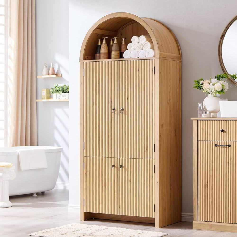 71" Tall Arched Bathroom Storage Cabinet, Modern Fluted Storage Cabinet w/Doors, 3 Adjustable She... | Amazon (US)