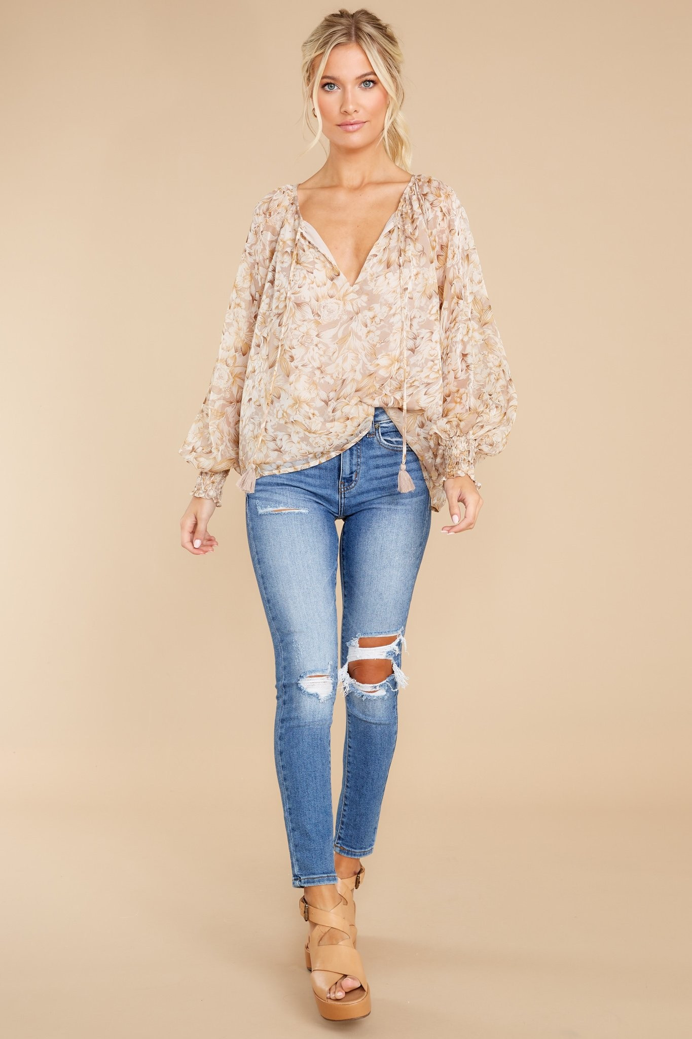 Beautiful Sights Beige Floral Print Top | Red Dress 