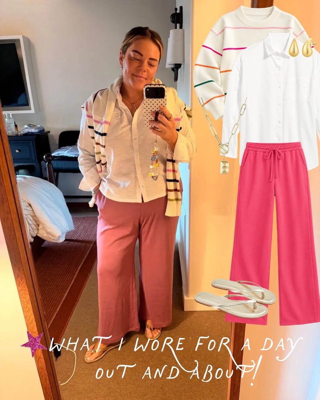 A little color makes getting dressed so much more fun! 💗 I wore these pink wide-leg pants with a classic white button-down and my favorite striped sweater draped over my shoulders. Add some gold accessories and easy sandals, and you’ve got the perfect outfit for shopping, sightseeing, and exploring Carmel!

#LTKOOTD #LTKDayInMyLife #LTKOver40