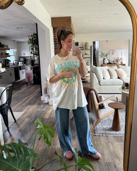 Yesterday’s outfit for the most beautiful day!! Living in these oversized tees and wide leg jeans from AE 🥰  linking my belly band again for you expecting mamas too!

American eagle, graphic tees, adidas gazelles, adidas, Julie vos jewelry, sublime tee, band tee, wide leg jeans, maternity friendly, 24 week bump  

#LTKfindsunder50 #LTKSeasonal #LTKbump