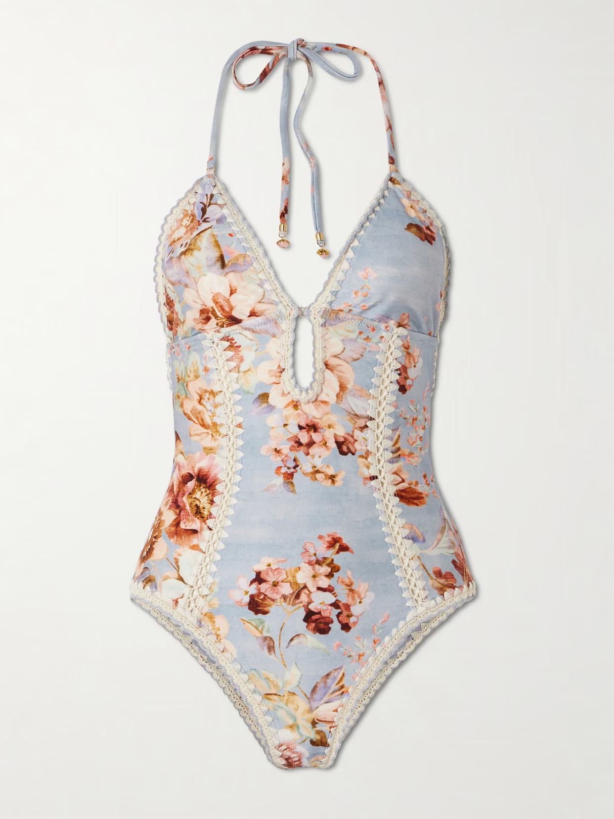 Zimmermann - Awaken Crochet-trimmed Floral-print Halterneck Swimsuit - Light blue | NET-A-PORTER (UK & EU)