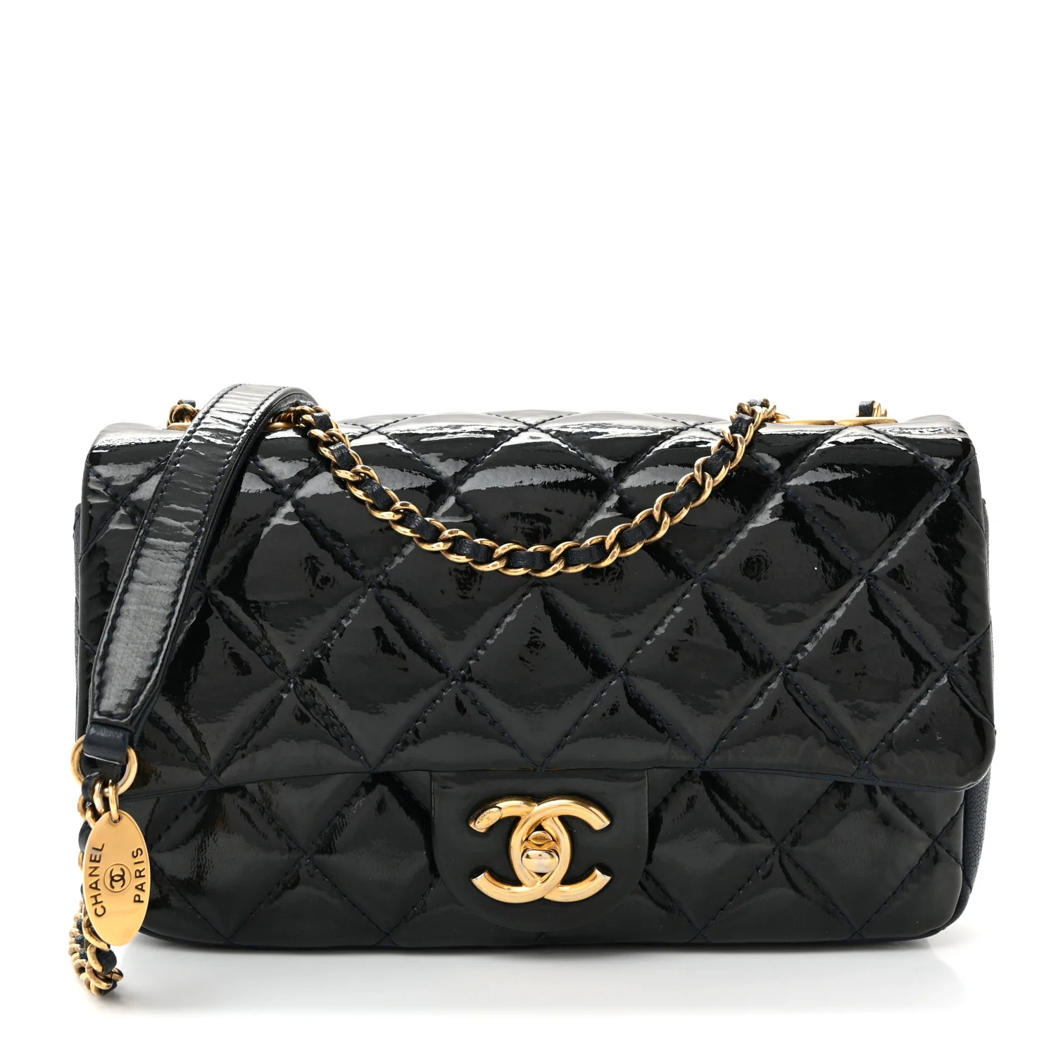 Patent Goatskin Quilted Medium CC Eyelet Flap Blue | FASHIONPHILE (US)